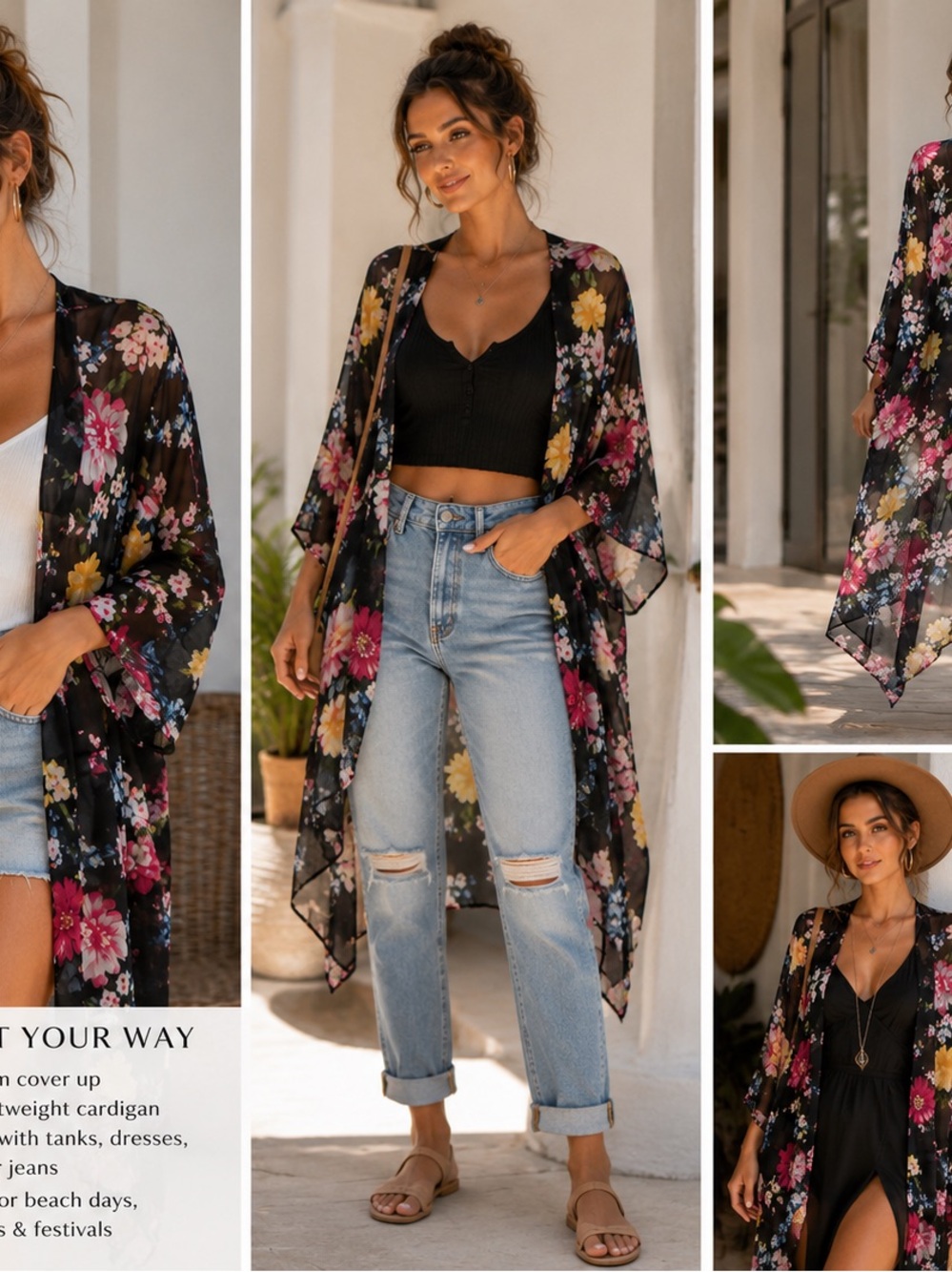 Peach Love California Floral Sheer Kimono Swim Cover Up One Size